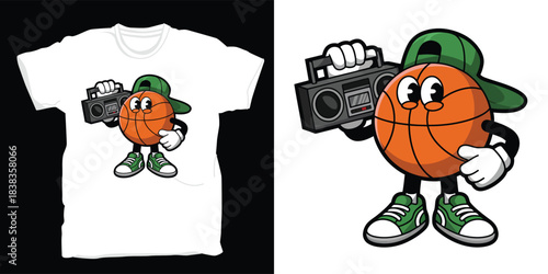 Cool cartoon basketball character wearing a green cap and holding a boombox white