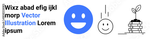 Happiness, sustainability, investment, eco-friendly concepts, positivity, financial growth. A smiling face, a dropped object and a plant growing on stacked coins. Sustainability and investment