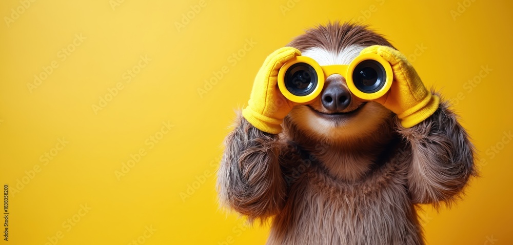 Fototapeta premium Funny sloth wearing yellow gloves holds binoculars and looks into distance. Cute animal expression on solid yellow background. Copy space for text.