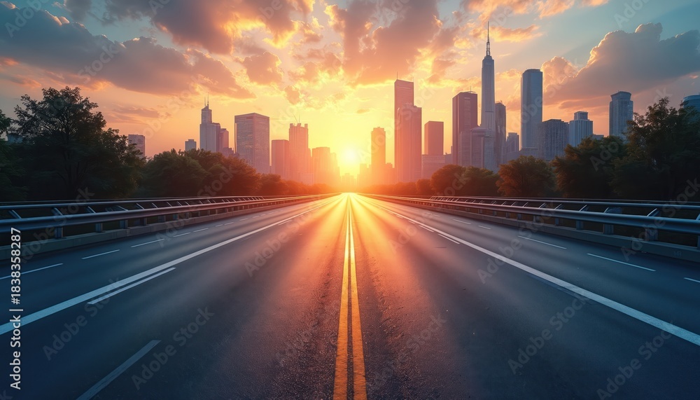 Fototapeta premium Empty highway extends toward city skyline at sunset. Sun flares illuminate asphalt road with lane markings. Orange sky clouds reflect on glass skyscrapers in distance.