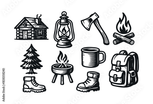 This vector illustration features a collection of outdoor camping and adventure related icons, including a cabin, lantern, axe, campfire, tree, cooking fire, mug, boots, and backpack — stock vector.