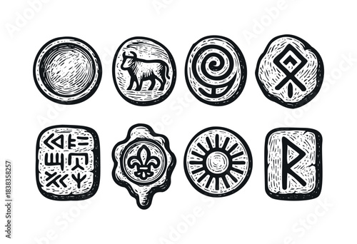 A set of eight different vintage seal and stamp designs in a sketchy style — stock vector.