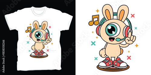 Cute cyclops bunny dj with headphones and microphone white