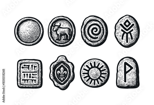 A set of eight vintage stones with various symbols carved into them, including a bull, spiral, rune, fleur-de-lis, and sun — stock illustration.