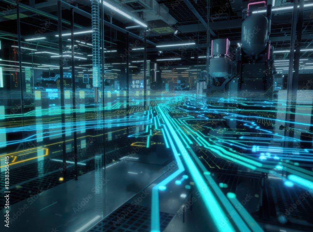 Fototapeta premium Futuristic Digital Landscape with Glowing Circuit Patterns in Technology