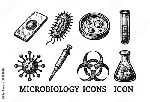 Set of hand-drawn vintage microbiology icons including a microscope slide, bacteria, petri dish, test tube, syringe, virus, biohazard symbol, and Erlenmeyer flask isolated on white — stock vector.
