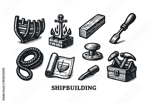 Shipbuilding engraved icons : ship frame, anchor forge, and other vintage boat construction tools — stock vector.