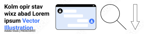 Web design, digital communication, user interface, search tools, download functionality, software icons. A chat window with user icons, a magnifying glass and a download arrow. Digital communication