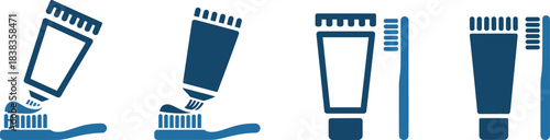 Toothbrush and toothpaste icons illustrating oral hygiene steps and products for dental care