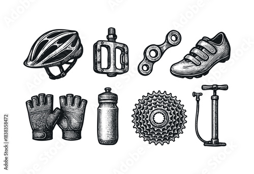 A set of bicycle equipment with a helmet, shoes, gloves, chain, cassette, pedal, bottle, and pump in an engraved style — stock illustration.