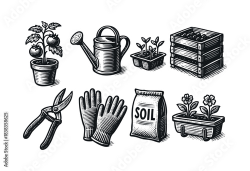 Set of different gardening tools and plants done in a woodcut style — stock illustration.