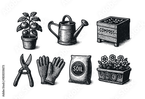Engraved-style set of gardening tools and supplies featuring a tomato plant, watering can, compost box, pruning shears, gloves, soil bag, and flower pot — stock illustration.