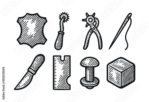 Leather craft engraved icons : cutting tools, punch, and other leatherworking equipment — stock vector.