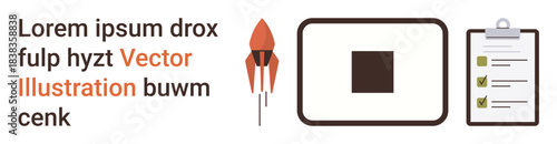 Project management, efficiency, productivity, goal setting, task completion, workflow optimization. A rocket, abstract square and checklist with green ticks. Project management and efficiency