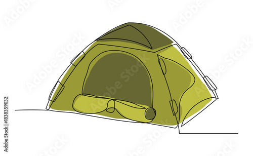 Continuous single line sketch drawing outdoor tent camping travel. One line art nature tourism, journey, adventure vector illustration editable stroke