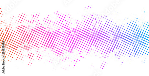 Vibrant halftone gradient with orange, pink, purple, and blue dots. Abstract horizontal vector design on a white background.