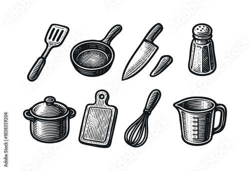 A set of sketched kitchen tools including a pot, cutting board, and measuring cup — stock illustration.