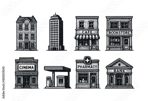 A collection of vector drawings depicting various buildings including a house, skyscraper, cafe, bookstore, cinema, gas station, pharmacy, and bank in a vintage style — stock illustration.