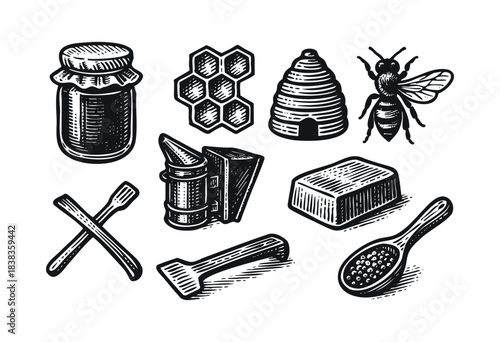 A set of vintage-style beekeeping elements, including a bee, honeycomb, smoker, hive, and honey jar — stock illustration.