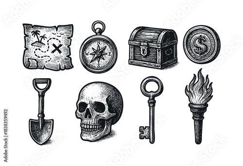 Engraved style vector set with pirate map, compass, treasure chest, dollar coin, shovel, skull, key, and torch isolated on a white background — stock vector.
