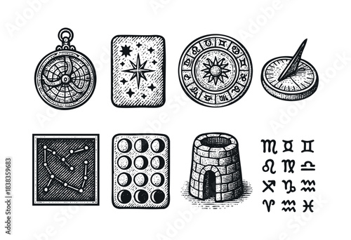 A set of vintage astrological symbols and diagrams, including zodiac signs, moon phases, and astronomical tools, shown in a detailed engraved style — stock illustration.