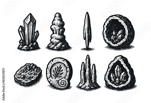 Set of hand-drawn gemstones, crystals, and fossils in vintage style on a white background — stock vector.