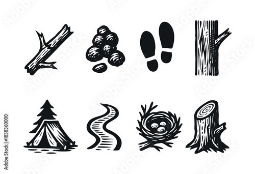 A collection of woodland and nature icons in a hand-drawn style including a branch, berries, footprints, a tree trunk, a tent, a path, a nest with eggs, and a tree stump — stock illustration.