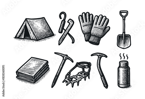 Vintage engraving style vector featuring camping, mountaineering, and hiking equipment with tent, gloves, shovel, thermos, and more — stock vector.