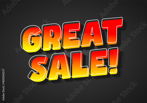 A vibrant graphic design featuring the text Great Sale! in bold, colorful letters with gradient from red to yellow, set against a dark background.