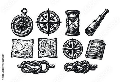 Monochrome set of nautical elements, including compass, spyglass, map, logbook, hourglass, and rope, created in a vintage style — stock illustration.