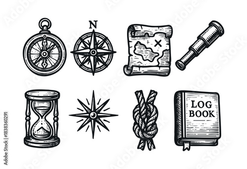 Set of vintage nautical symbols in engraving style, including compass, spyglass, hourglass, and map — stock vector.