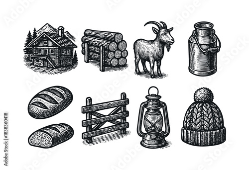 A collection of rustic farm elements including a log cabin, logs, goat, milk can, bread, fence, lantern, and beanie cap in a vintage style engraving — stock vector.