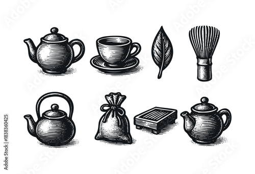 Engraved vector illustration featuring tea equipment, including teapots, teacups, tea bag, tea leaf, and bamboo whisk — stock vector.