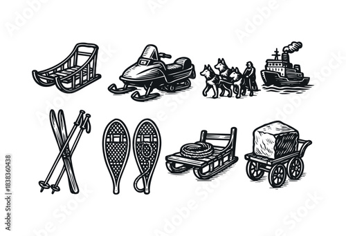 A set of hand-drawn old Alaskan modes of transportation, including a dog sled, snowmobile, and skis — stock vector.
