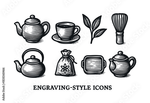 Set of engraving-style tea accessories, including teapots, a tea cup, tea leaves, a whisk, a tea bag, and a tea tray — stock vector.