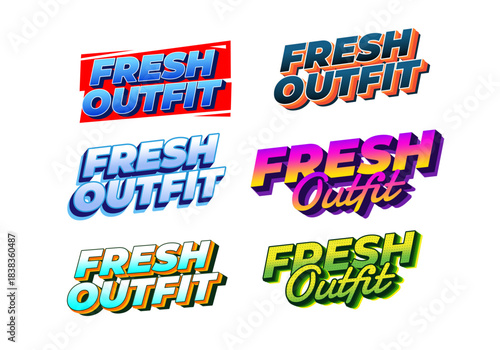 A collection of six colorful text designs featuring the phrase fresh outfit in various styles