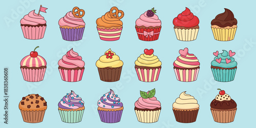 Cupcake illustration set, colorful dessert icons, decorated sweet treats, baking celebration design, frosting and topping variety, flat vector illustration