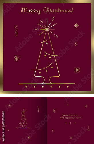 Xmas Card with Minimalistic Christmas Tree in gold and red. New Year Holiday Design. Inner and Outer Template. Editable stroke
