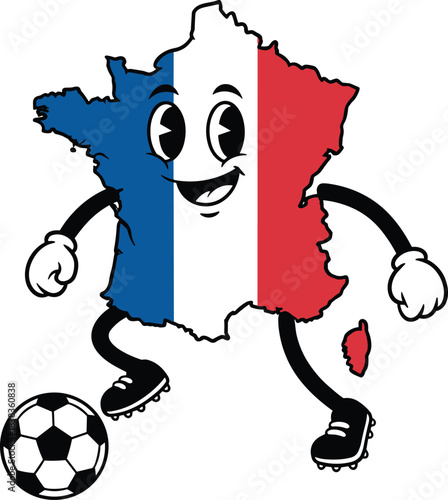 Happy Cartoon Map of France Flag Kicking a Soccer Ball Wearing Cleats and Gloves Representing Football, European Sport, World Cup, and National Pride Vector.