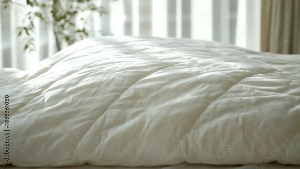 custom made wallpaper toronto digitalNeatly folded soft white quilted comforter on a bed, bright natural light