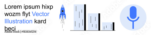 Data analysis, business growth, innovation, technology, communication, design concepts. Rocket launching, bar chart and blue microphone icon. Business growth and data analysis