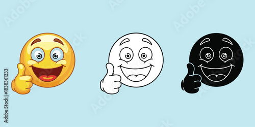 Thumbs-up emoji variations, cartoon smiley face icons, expressive approval gesture set, digital communication symbols, flat vector illustration