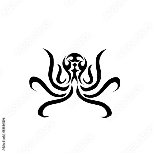 Intricate tribal octopus design for tattoo or graphic. Features a symmetrical, bold, and dynamic silhouette perfect for marine, ocean, and mythological themes.
