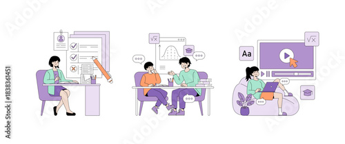 Educational Vector Illustration with Studying Scenes