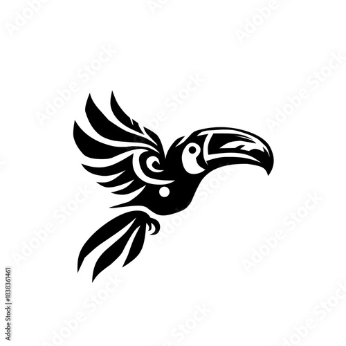 Striking black and white tribal style toucan design in flight. Perfect for logo, tattoo, t-shirt print, and tropical nature-themed projects.