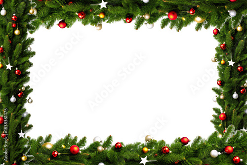 Festive christmas garland border with ornaments and lights