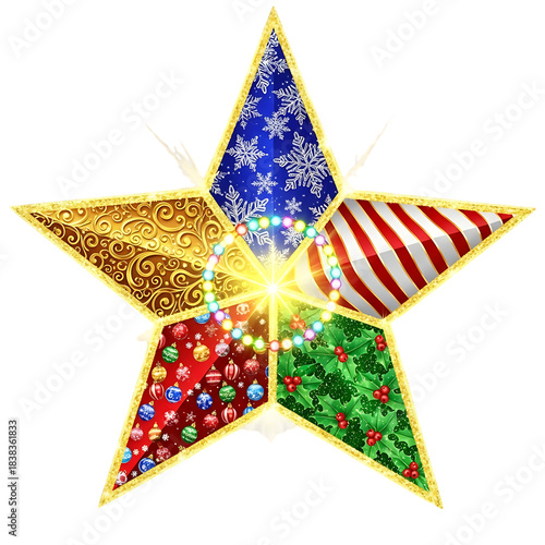 Sparkling multipatterned Christmas star decoration with festive holiday lights and a gleaming golden glitter border design element