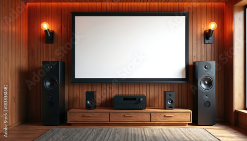 Home theater room with large screen, black speakers on wooden wall. Entertainment center with audio receiver. Warm light from lamps creates cosy atmosphere. Blank projector screen for media