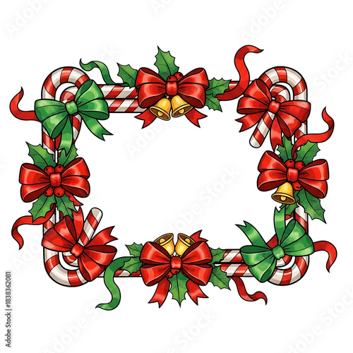 Vibrant Christmas candy cane frame adorned with lush green holly leaves red berries bows and golden bells for holiday decoration