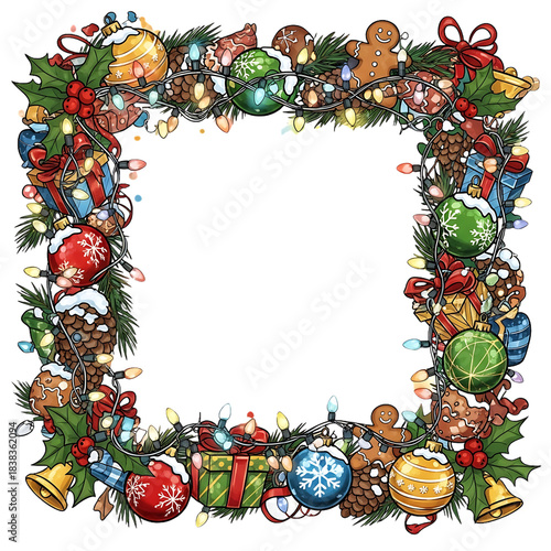 Vibrant Christmas and New Year holiday frame border with traditional festive decorations and sparkling lights illustration